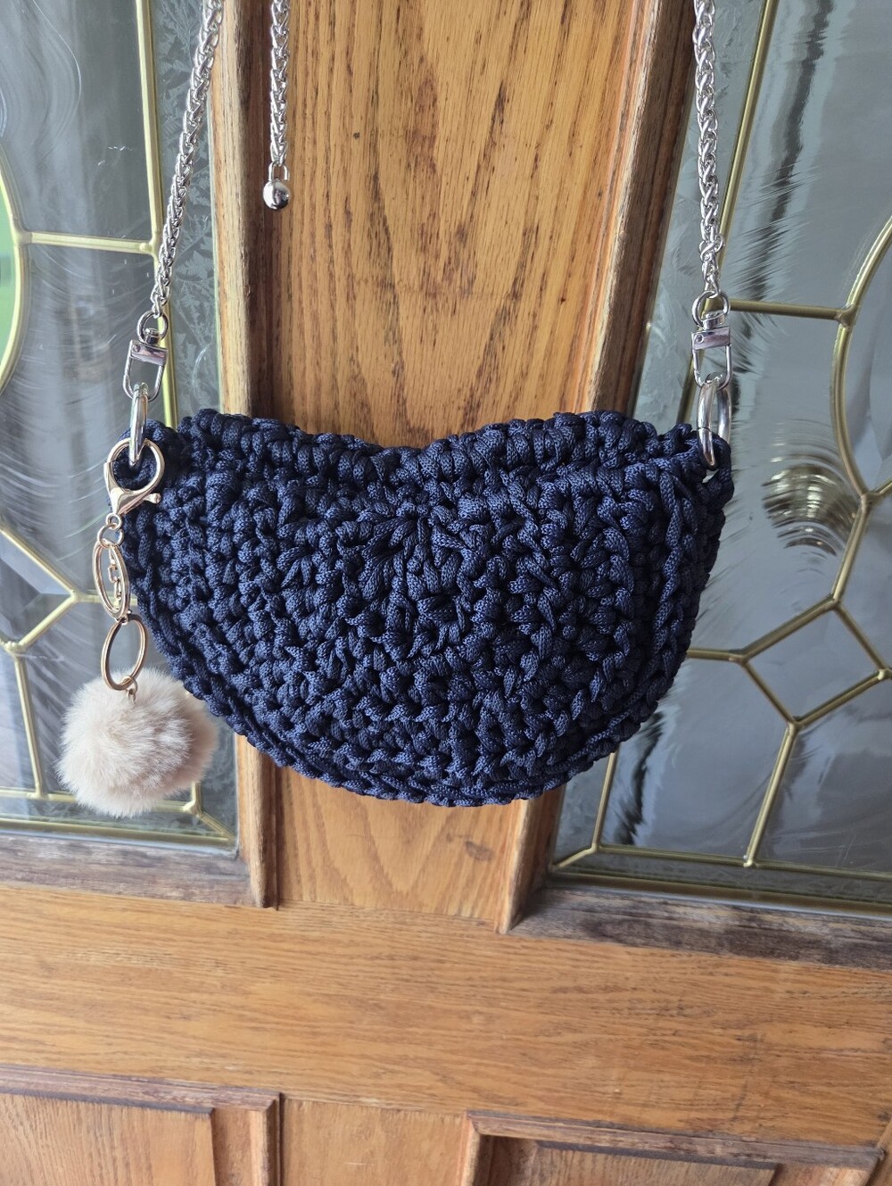 Handmade Navy Crossbody Bag with Fur Pom - Picture 7 of 7